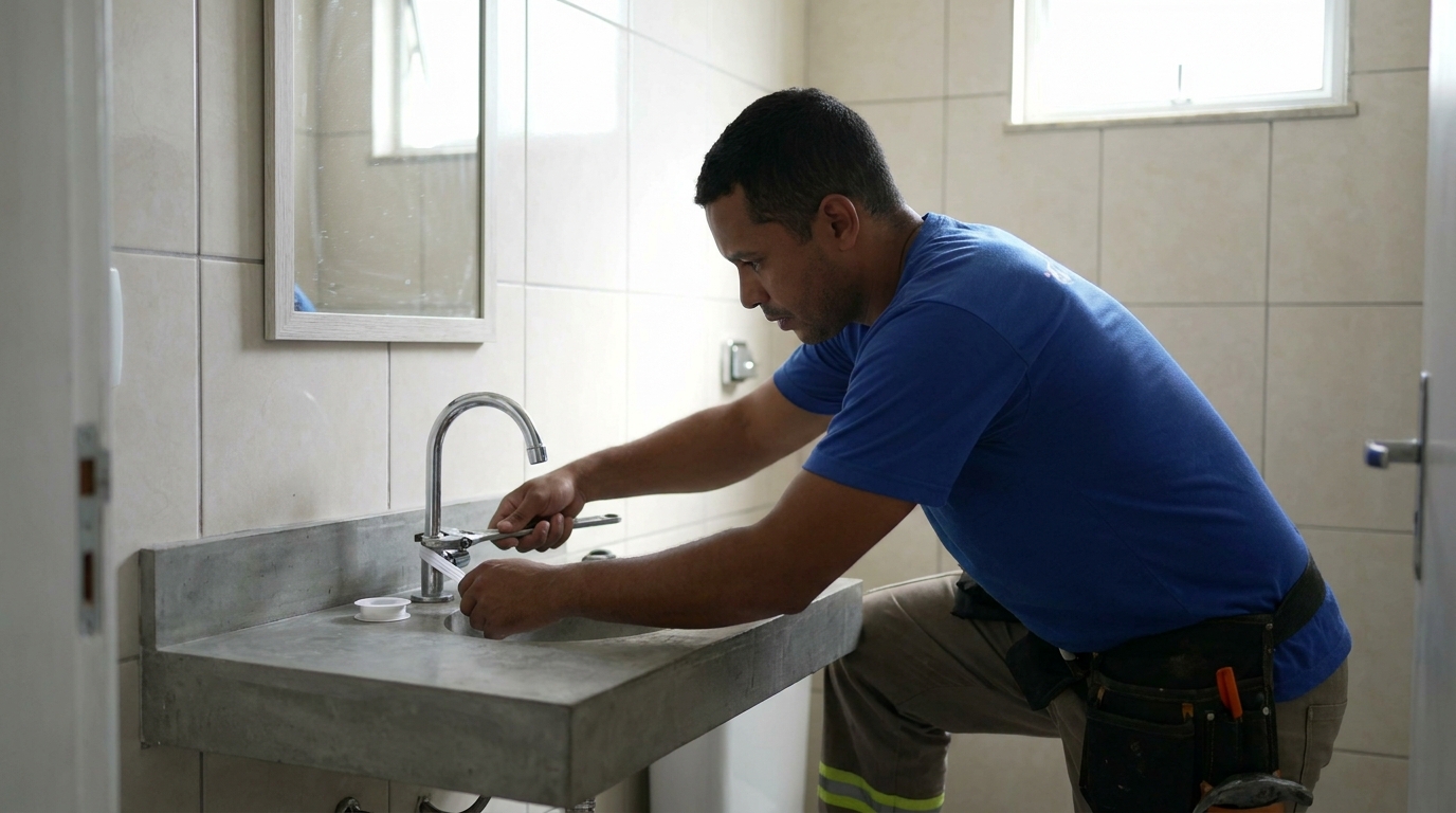Encanador instalando torneira em Marília‑SP