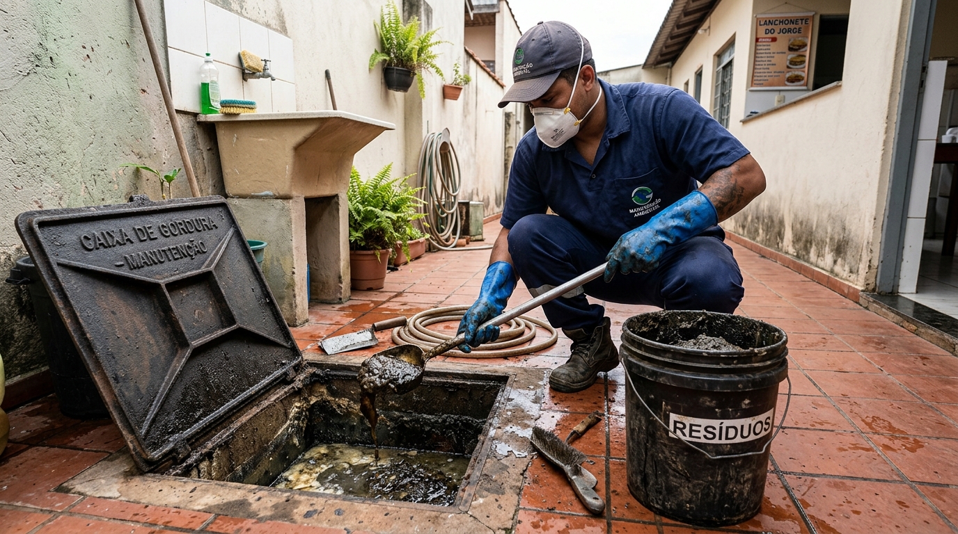 Remoção de resíduos da caixa de gordura em Marília‑SP
