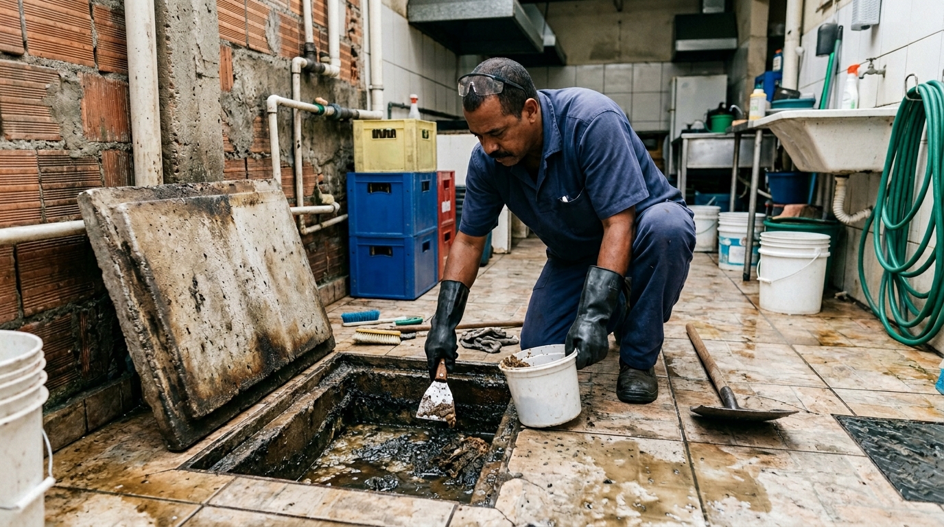 Limpeza de caixa de gordura residencial em Marília‑SP